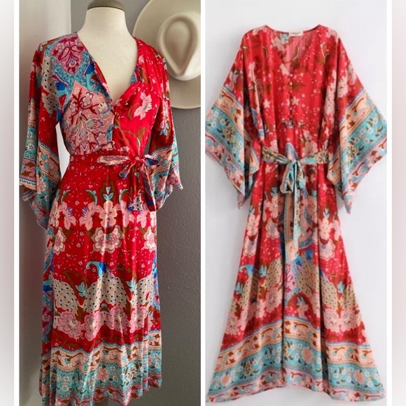 ❤️ BOHO RED FLORAL KAFTAN DRESS - Picture 1 of 17